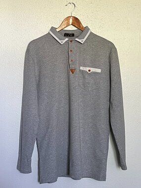 Mens Gray Long Sleeve Polo Shirt Top Casual Stretch Cotton Golf Size XL